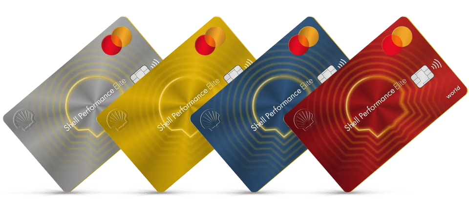 Image of four new Shell Performance Elite card options in silver, gold, blue, and red.