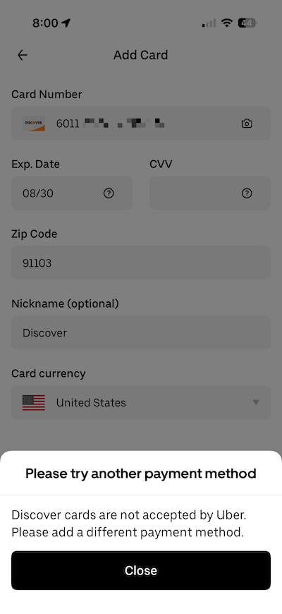 Screenshot of me trying to add my Discover card to the Uber app