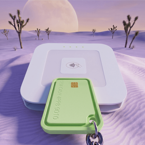 Mini cash tag on Square Reader on weird desert landscape