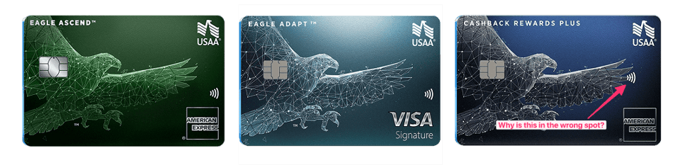Trio of USAA cards showing one contactless logo in a different spot.