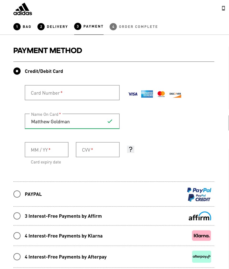 Adidas Checkout Screen