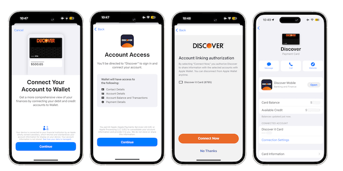 Image of four screenshots showing the process for connecting a Discover card in Apple Wallet