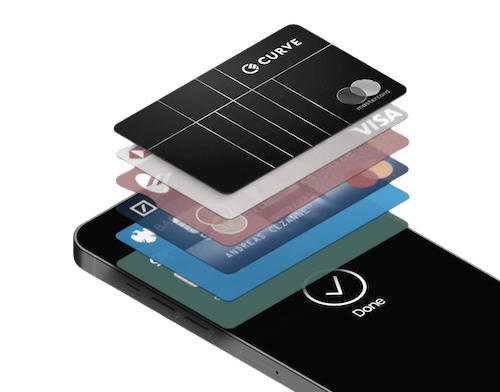 Image of a smartphone displaying a completed transaction screen, with multiple credit cards stacked above the phone. The credit cards include a black Curve card, a VISA card, and several others in various colors, representing the integration of multiple cards into one digital wallet.