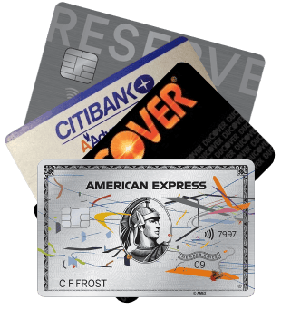 Image of four credit cards cascading. The cards are the Amex Platinum With Artist Redesign, original Discover It, original Citibank AAvantage AmericanAirlines, and the US Bank Reserve card.