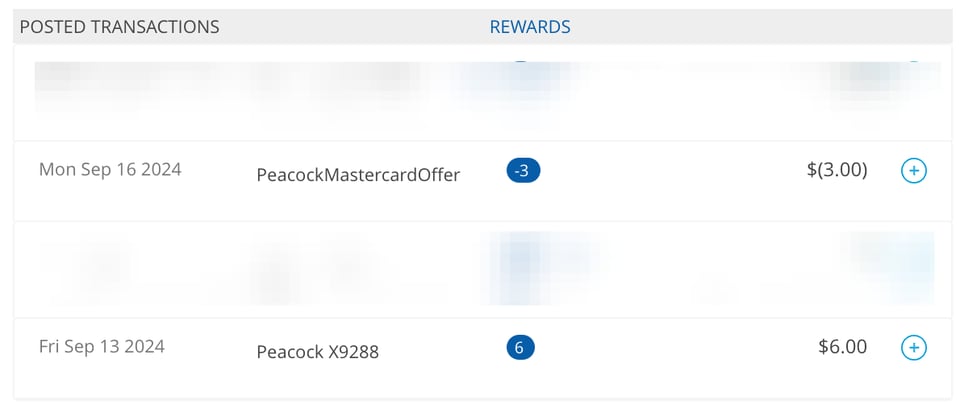 Screenshot of credit card transactions showing discount for Peacock streaming service.