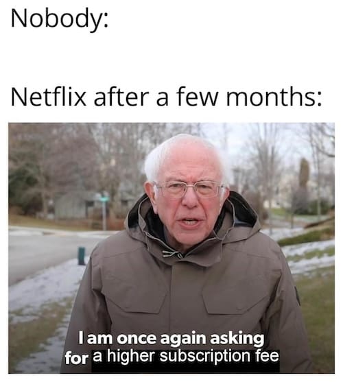 Meme featuring Bernie Sanders with text reading 'Nobody:' and 'Netflix after a few months:' above an image of Sanders saying, 'I am once again asking for a higher subscription fee.