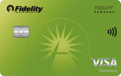A green Fidelity Rewards Visa Signature credit card with a chip and contactless symbol.