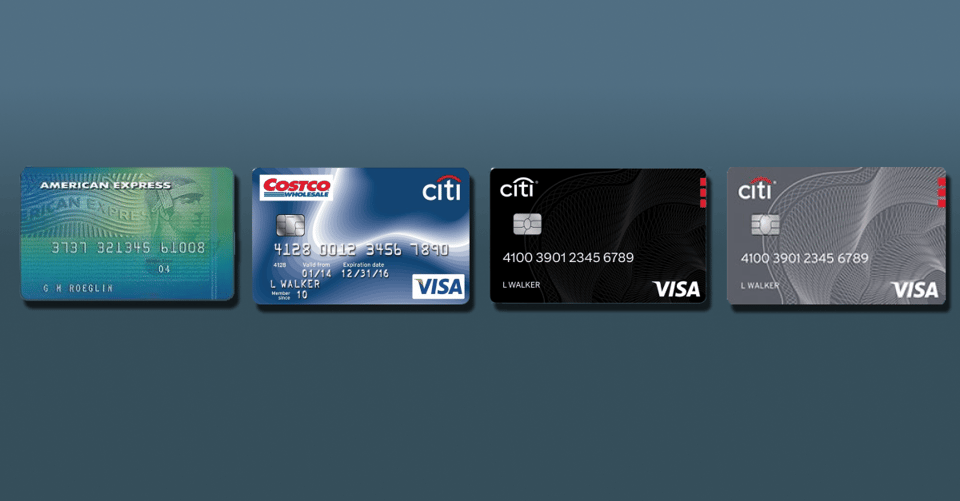 A lineup of all Costco credit cards that have existed, featuring an American Express card with a green-blue gradient, a Citi Costco Visa with a blue design, and two Citi Visa cards with a black wavy pattern (one lighter, one darker). Each card includes a chip, card number, and cardholder name.