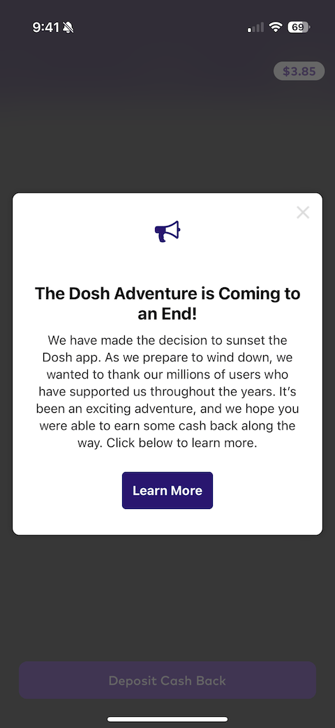 App screen of Dosh closure notice.