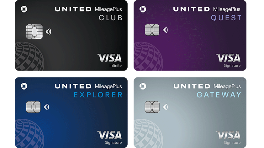 Four United MileagePlus VISA credit cards in a two by two box