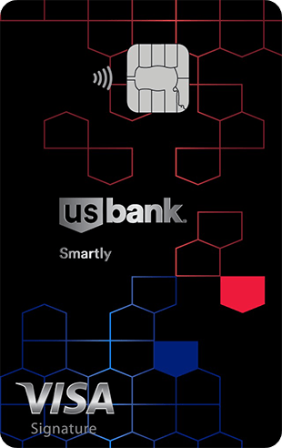 Black vertical credit card with US Bank logo in the center, blue and red shield outlines throughout, and a Visa logo in the bottom left