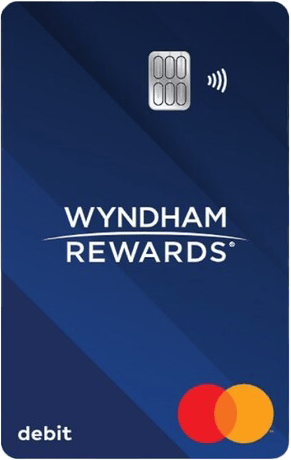 Blue vertical debit card with Wyndham Rewards logo in the center and Mastecard logo in the bottom right