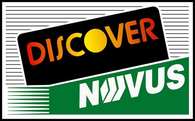 Black rectangular logo with the word "Discover" in red and orange above a green rectangular logo with the word "Novus" in white.