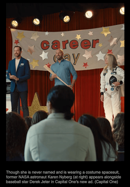 Photo of a man in a suit, Derek Jeter holding a baseball bat, and Karen Nyberg wearing a spacesuit standing in front of a banner that reads "career day"