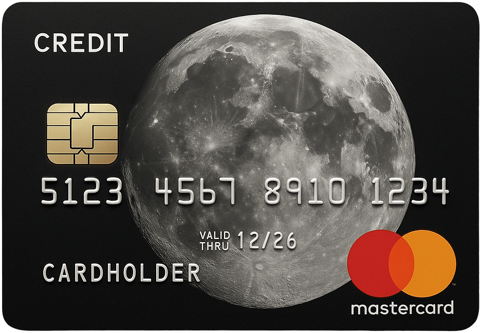 Black credit card with the Mastercard logo in the bottom right and a picture of the Earth's Moon in the center.