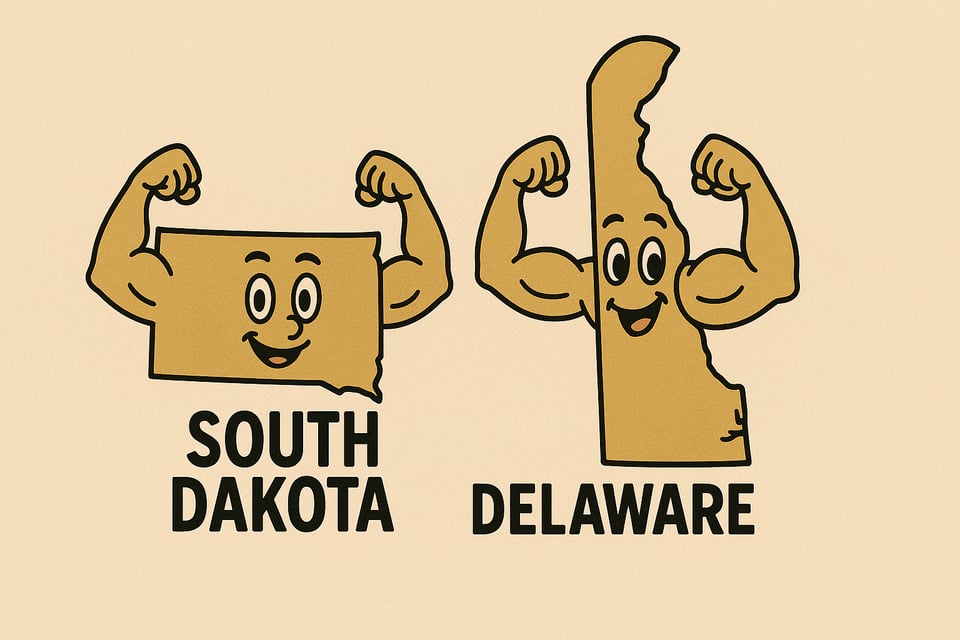 AI generated image of the American states of South Dakota and Delware with smiling faces, flexing muscular arms.