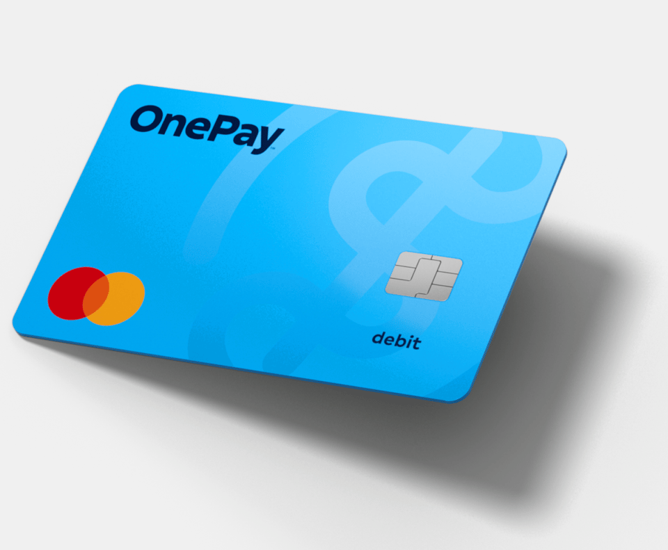 Light blue credit card, with OnePay logo on the top lift, Mastercard logo in the bottom left, and EMV chip.