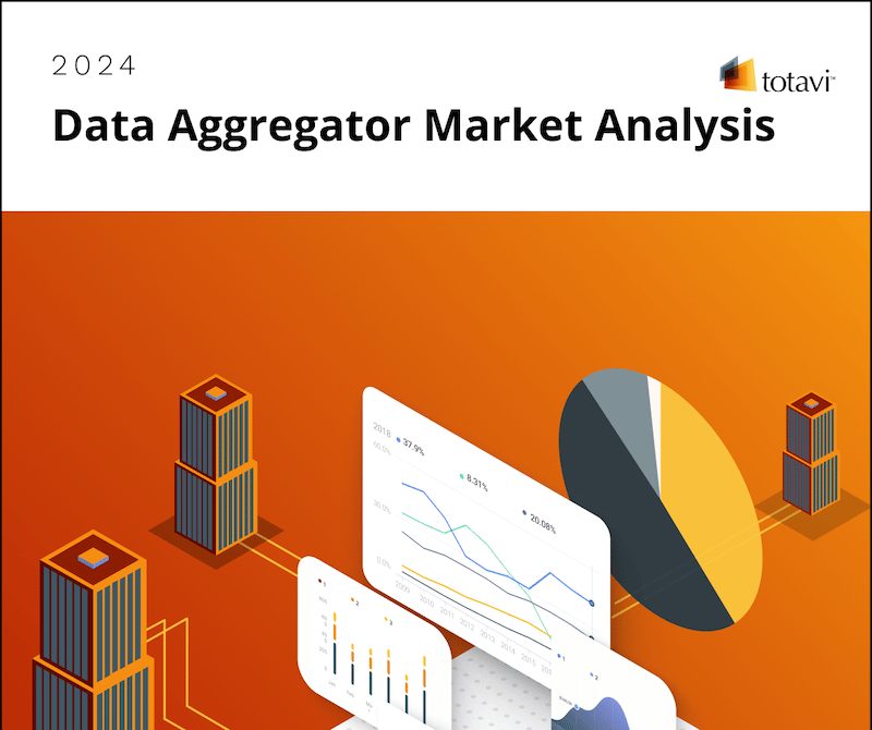 Some graphs and charts with no meaning on an orange background, with the title 2024 Data Aggregator Market Analysis and the Totavi name and logo.