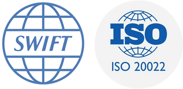 A circle with horizontal and vertical lines with the word "SWIFT" in the middle and a circle with horizontal and vertical lines with "ISO" over the top of it and ISO 20022 below the circle.