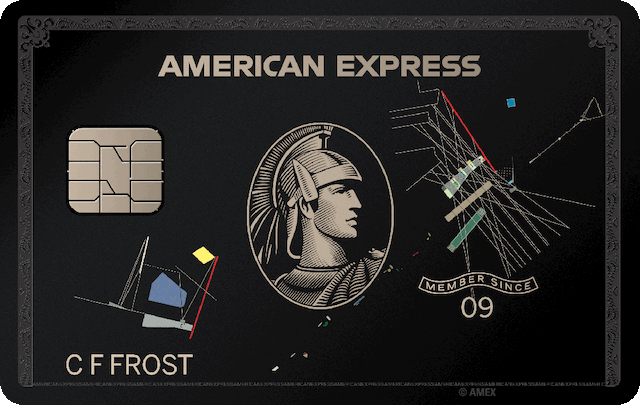 Black credit card with a drawing of a Roman guard in the center, the American Express logo across the top, and line drawings by Rem Koolhaas.
