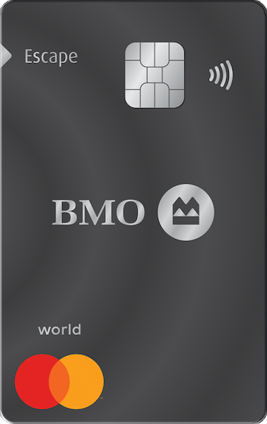 Vertical dark gray credit card with the World Mastercard logo in the bottom left, the BMO logo in the middle, and the word Escape in the top left.