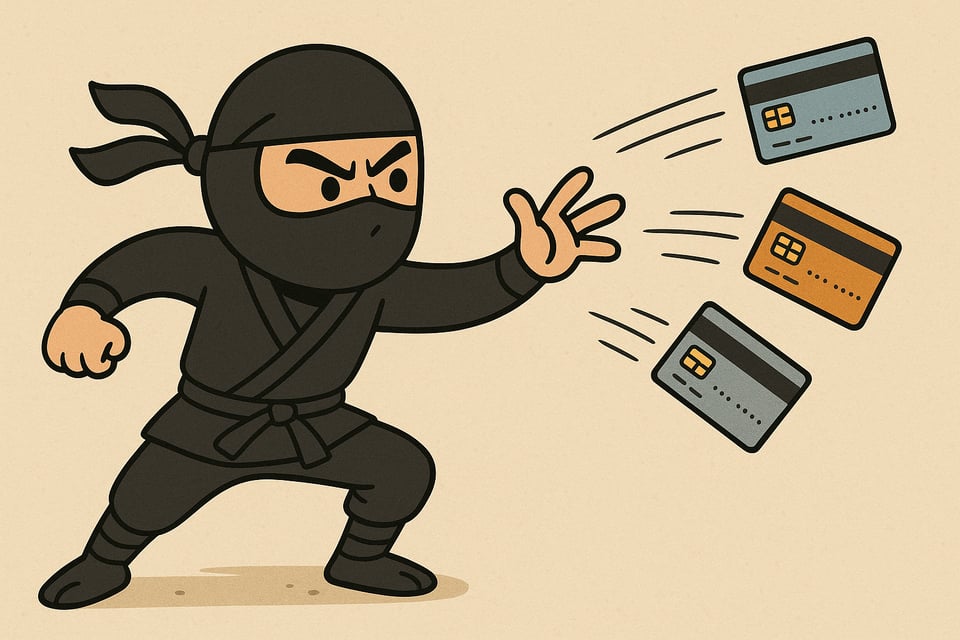 A cartoon image of a ninja in all black with their face covered throwing three credit cards.