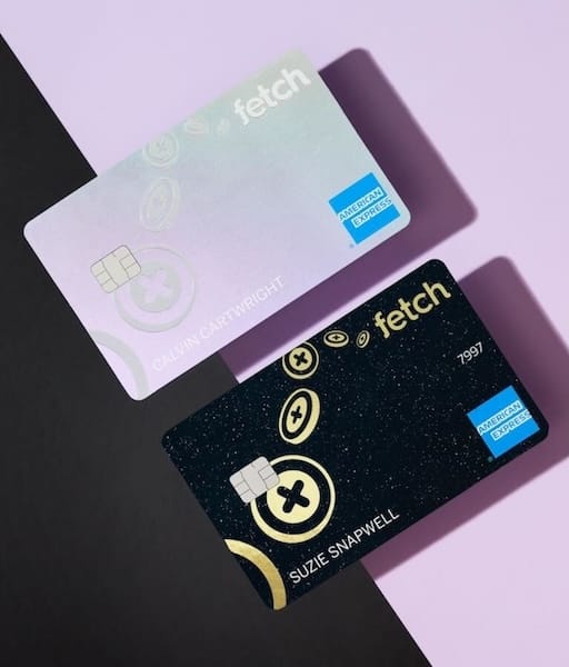Two credit cards at an angle on a black and purple background: One iridescent purple to silver with the American Express logo in the bottom right corner and one black with specks of glitter with the American Express logo in the bottom right corner. Both credit cards have the Fetch logo in the top right corner.