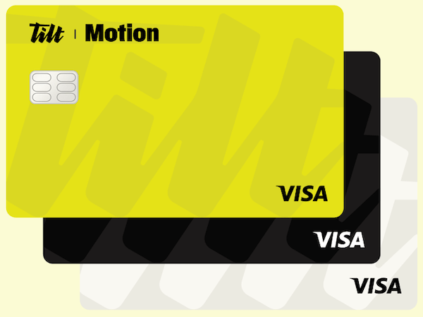 Three horizontal credit card designs stacked so you can see the Visa logo in the bottom right. The top card is yellow and reads Tilt Motion in the upper left. The middle card is black and the bottom card is white.