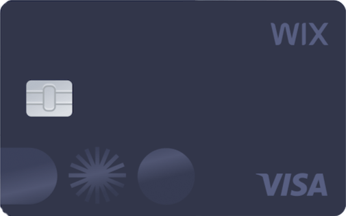 Dark blue horizontal credit card with Visa logo in the bottom right and Wix logo in the top right.