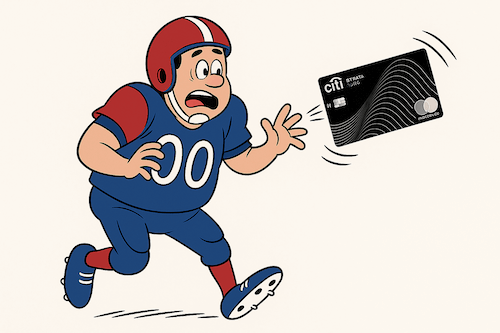 Cartoon American football player wearing blue and white looks surprised. The Citibank Strata credit card, which is black and silver, flies out of his hands.