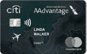 Black credit card with the Citibank logo, the American Airlines AAdvantage logo, the Mastercard logo, the name "Linda Walker" in the middle and the word "Globe" in small print below the name.