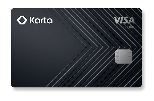 Black and silver credit card. The Karta logo is in the top right corner, the Visa Infinite logo is in the top right corner and the EMV chip is in the bottom right corner.