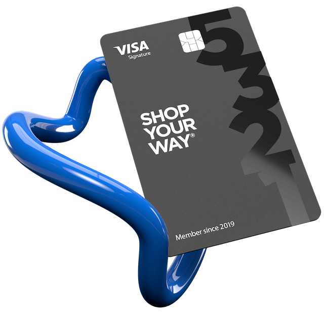 Shiny metallic blue 3-D squiggle holding a black, vertically-oriented credit card. The numbers 5-3-2-1 go down the right side of the card. The Visa Signature logo is in the top left, the Shop Your Way logo in the center of the left side.