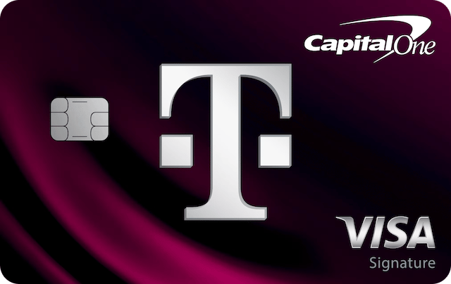 Dark pink card with swathes of lighter pink in the lower left corner. A large T from the T-Mobile logo is in the middle. The Capital One logo is in the upper right corner; the Visa Signature logo is in the bottom right corner.