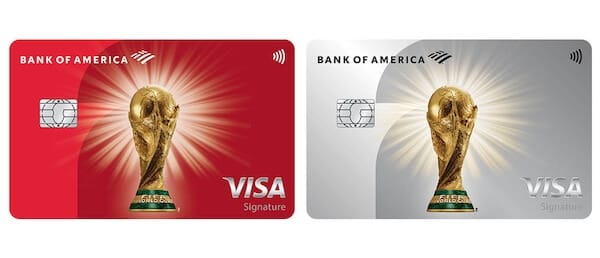 Two credit cards - one red and on silver - with the gold FIFA World Cup trophy in the center, the Bank of America logo in the top left and the VISA Signature logo in the bottom right.