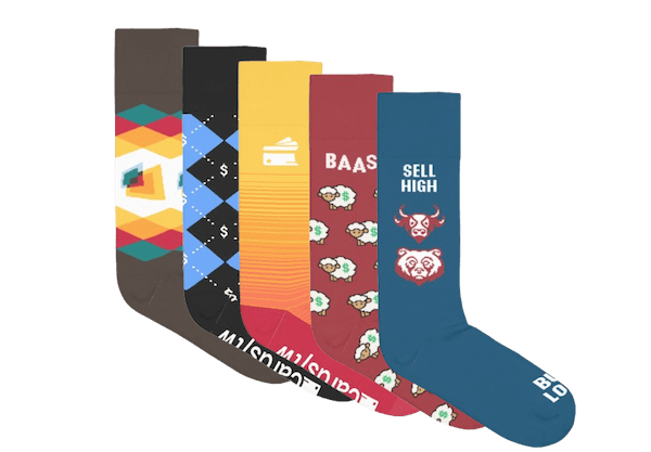 Five socks, each with a different fintech-themed pattern.