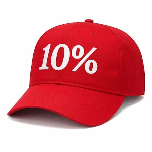 Red baseball hat with large white 10% on the cap.