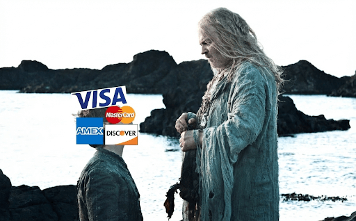 Meme from Game of Thrones showing a bedraggled man with long white hair standing before a kneeling man. The kneeling man's face is covered with logos for Visa, Mastercard, Amex, and Discover. In the background is an ocean with black rocks.