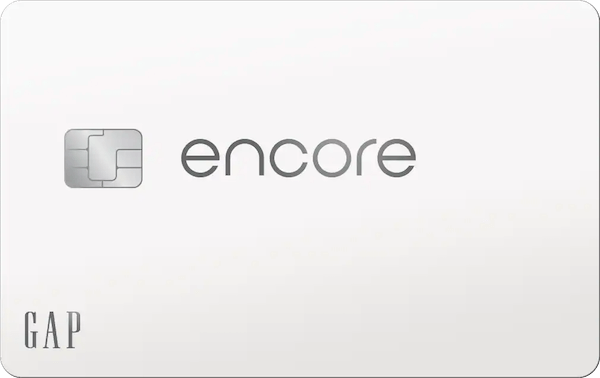 Silvery-white credit card with the word "encore" in the middle and a small Gap logo in the bottom left corner.