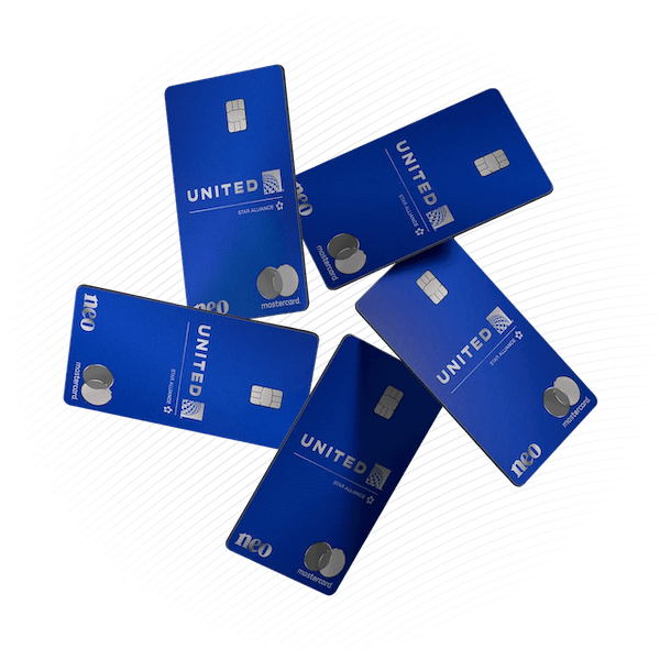 Five blue credit cards featuring the United Airlines logo, the Neo logo and the Mastercard logo arrange in a star shape.