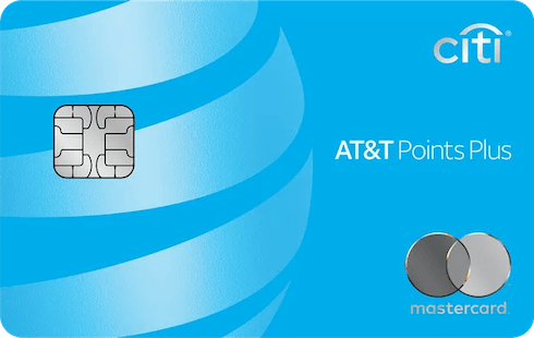 Light blue credit card with AT&T round logo in the background of the left side. The Citi logo in silver in the top right corner, the silver Mastercard logo in the bottom right corner and "AT&T Points Plus" in the middle of the right side.