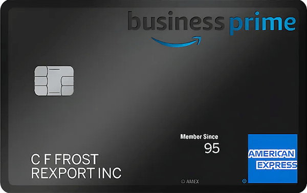 Black credit card with the Amazon Business Prime logo in the top right corner and the blue American Express square logo in the bottom right corner.