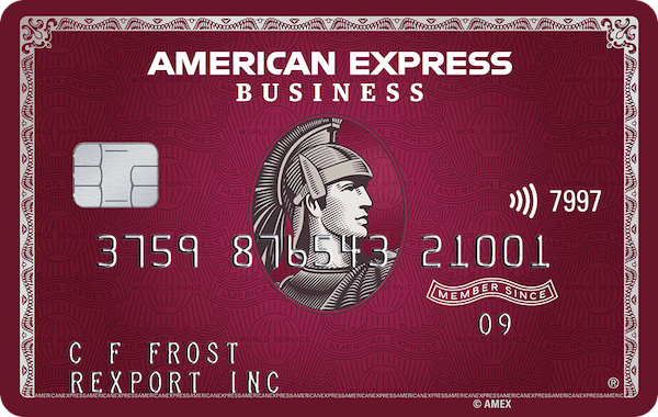 Plum red, horizontally-oriented credit card with the American Express Business logo across the top center and the Amex Centurion in the center.