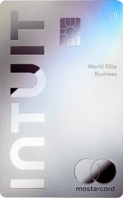 Reflective silver vertically-oriented credit card with the Intuit logo across the left side and the Mastercard logo in the bottom right, both in silver.