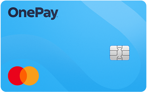 Light blue credit card with black OnePay logo in the upper left corner, color Mastercard logo in the bottom left corner.
