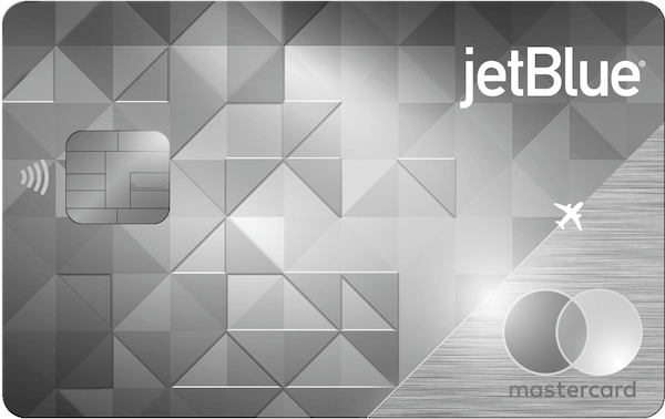 Silver horizontally-oriented credit card with the jetBlue logo in the top right and the Mastercard logo in the bottom right, both in silver. 