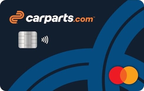 Dark and light blue credit card with the orange and white carparts.com logo in the top left card and a color Mastercard logo in the bottom right corner.