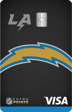 Vertically-aligned credit card with the Los Angeles Chargers bolt logo across the center, the Visa logo in the bottom right corner, and the NFL Extra Points logo in the bottom left corner.