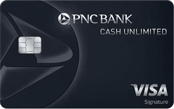Black horizontally-oriented credit card with the PNC Bank logo and word mark on the top center and the Visa Signature logo in the bottom right, both in silver.