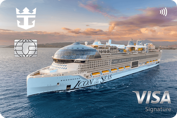 Credit card featuring a photograph of the Icon of the Seas cruise ship on water. The Royal Caribbean logo is in the top left corner and the Visa Signature logo is in the bottom right corner.